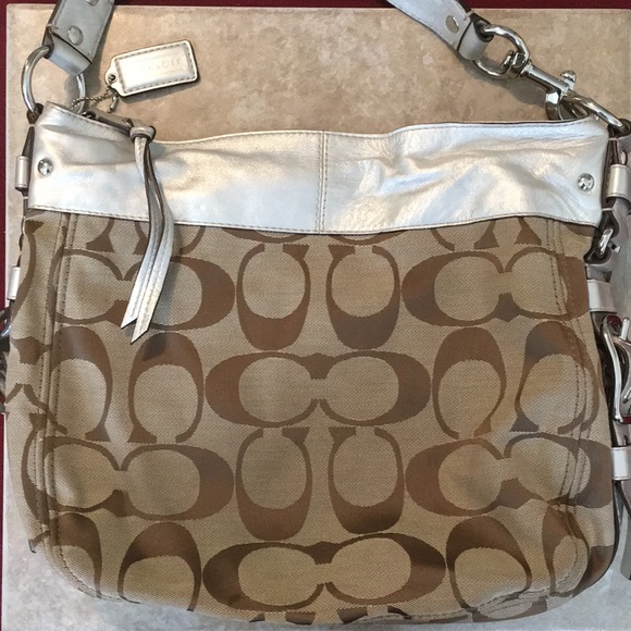 Coach Handbags - Coach Slouchy Signature Logo Tote Metallic Leather Large Handbag